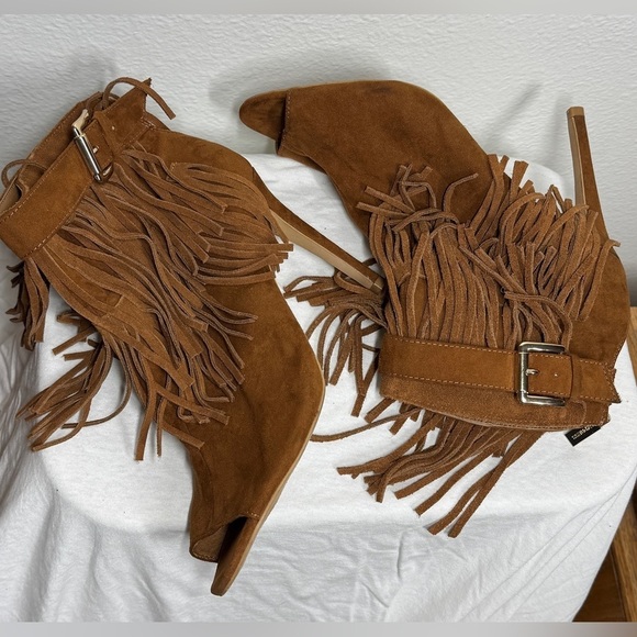 Express Brown Suede Leather Fringe Peep Toe Heeled Boho Western Booties Size 9 - Picture 5 of 11